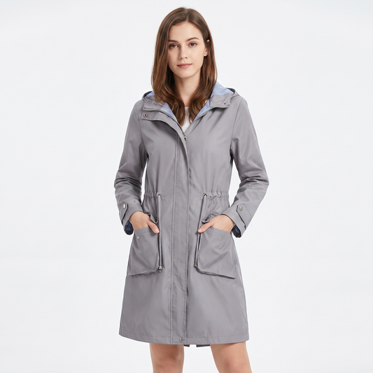 Women's Waterproof Longline Rain Coat Hooded Drawstring Waist Stripe Lined Jacket