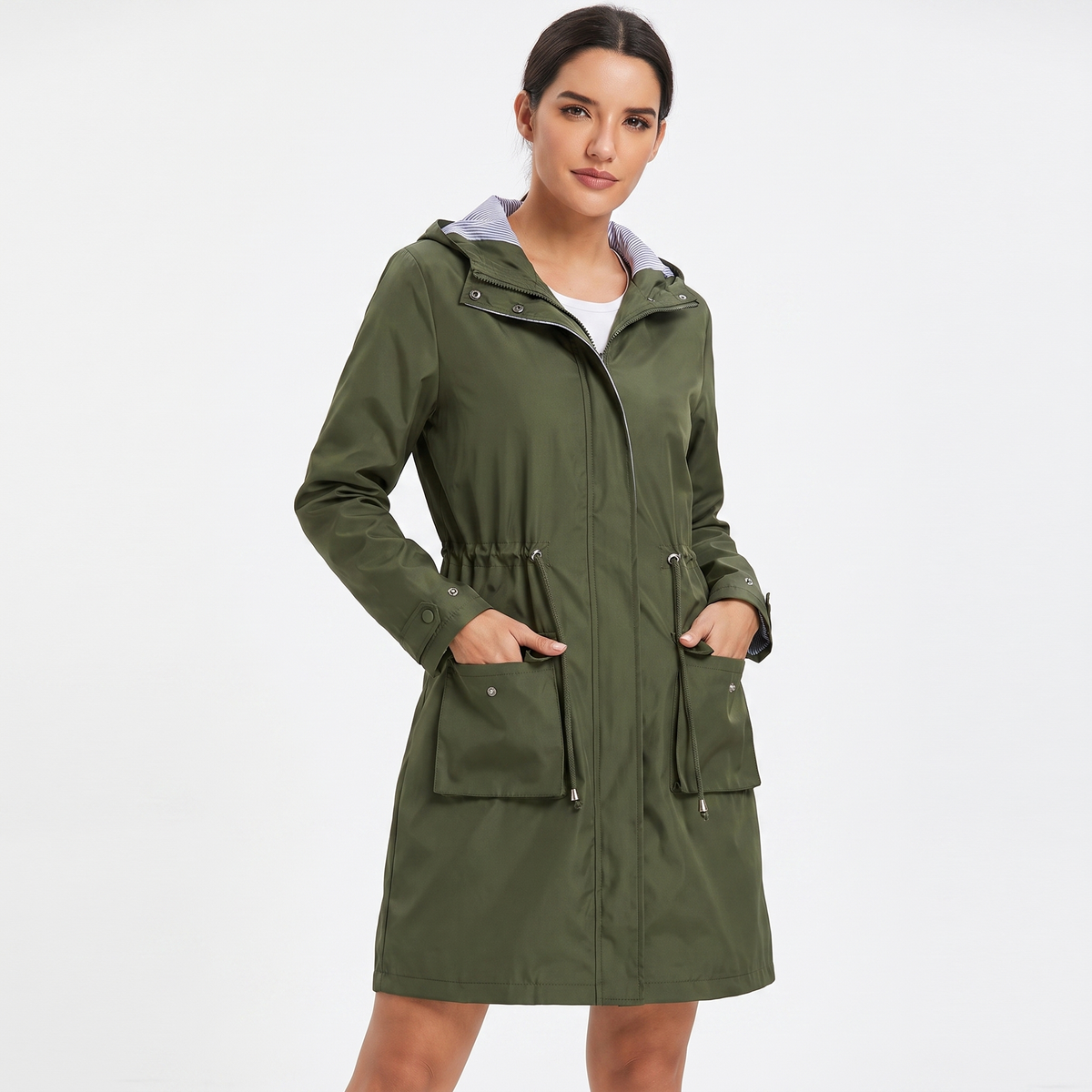 Women's Waterproof Longline Rain Coat Hooded Drawstring Waist Stripe Lined Jacket