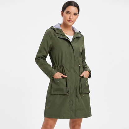Women's Waterproof Longline Rain Coat Hooded Drawstring Waist Stripe Lined Jacket