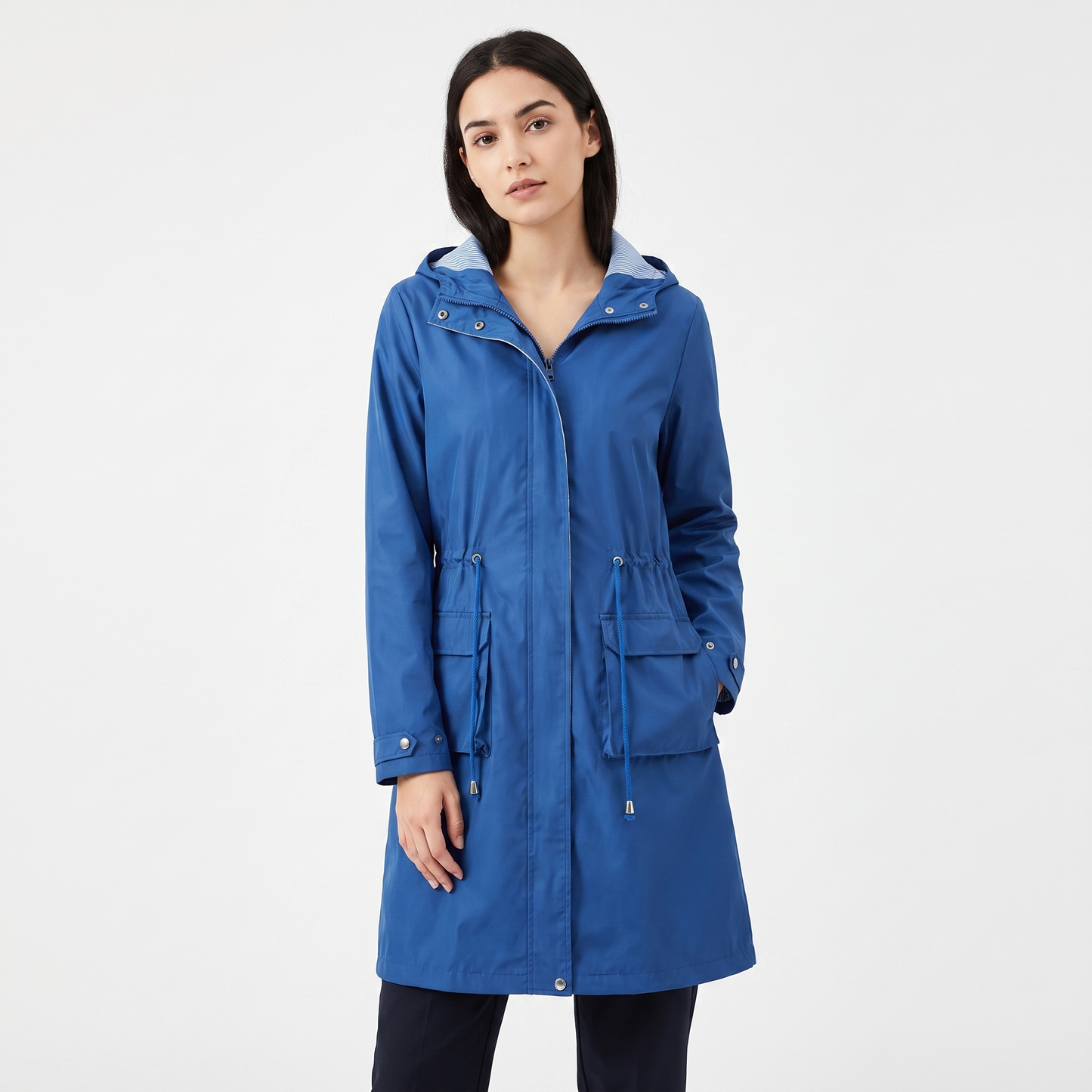 Women's Waterproof Longline Rain Coat Hooded Drawstring Waist Stripe Lined Jacket