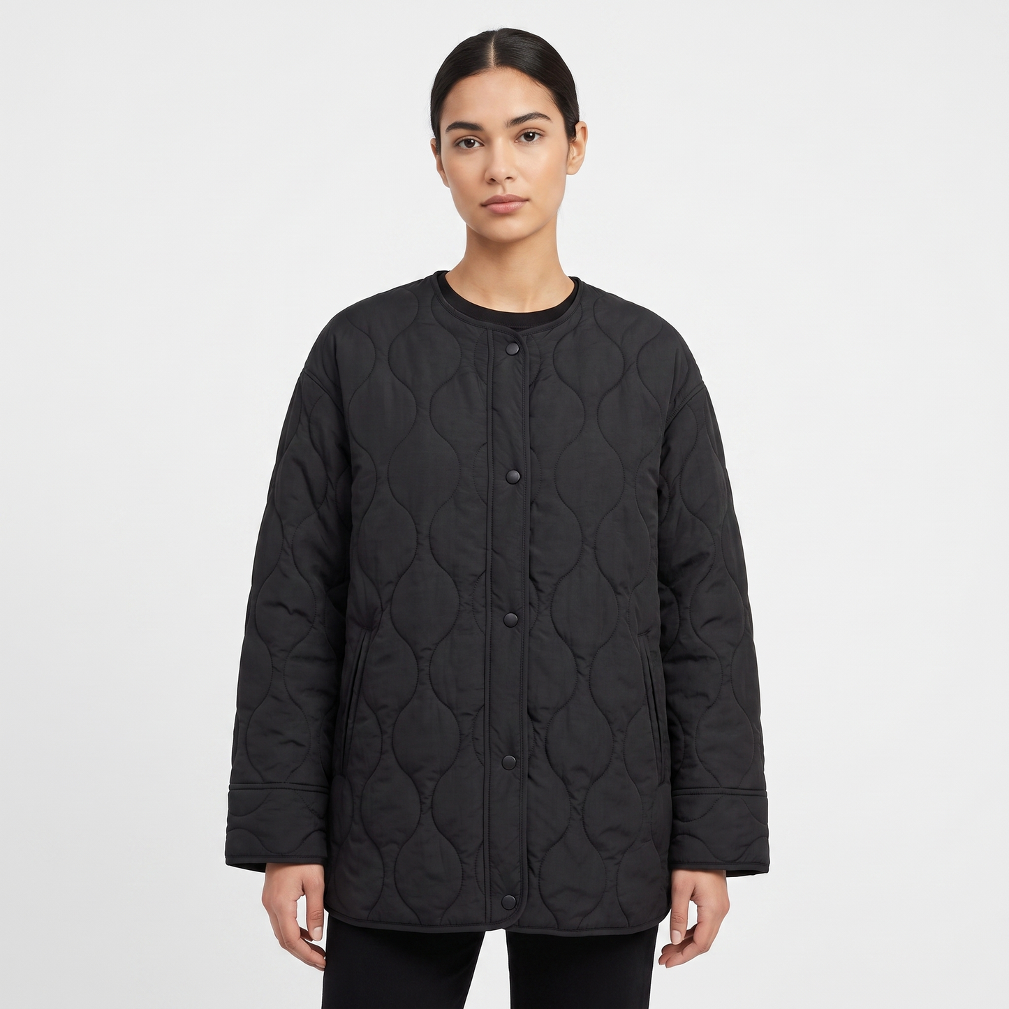 Women's Oversized Onion Quilted Jacket Collarless Snap Button Padded Winter Coat