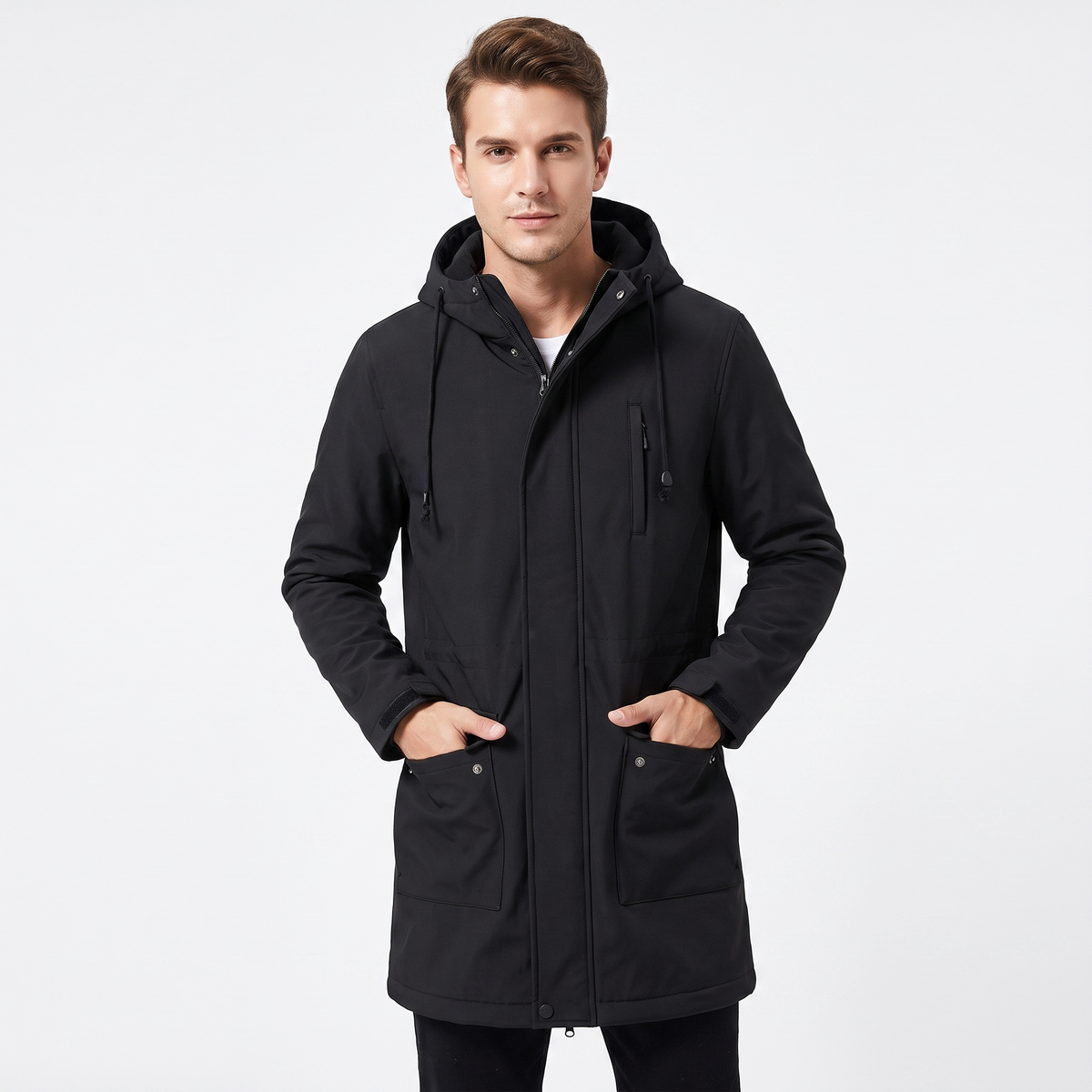 Men's Fleece Lined Softshell Parka Hooded Zip Up Longline Windproof Winter Coat