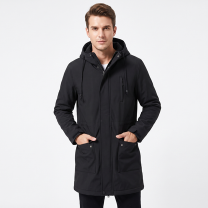 Men's Fleece Lined Softshell Parka Hooded Zip Up Longline Windproof Winter Coat
