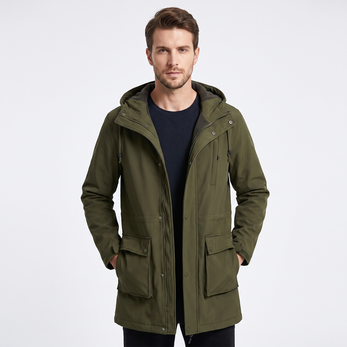 Men's Fleece Lined Softshell Parka Hooded Zip Up Longline Windproof Winter Coat