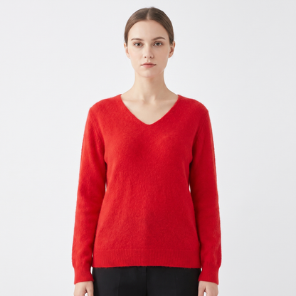 Women's Soft Fluffy Knit V-Neck Sweater Relaxed Fit Long Sleeve Casual Pullover Top