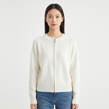 Women's Zip Up Knit Cardigan Crew Neck Relaxed Fit Long Sleeve Casual Sweater Jacket