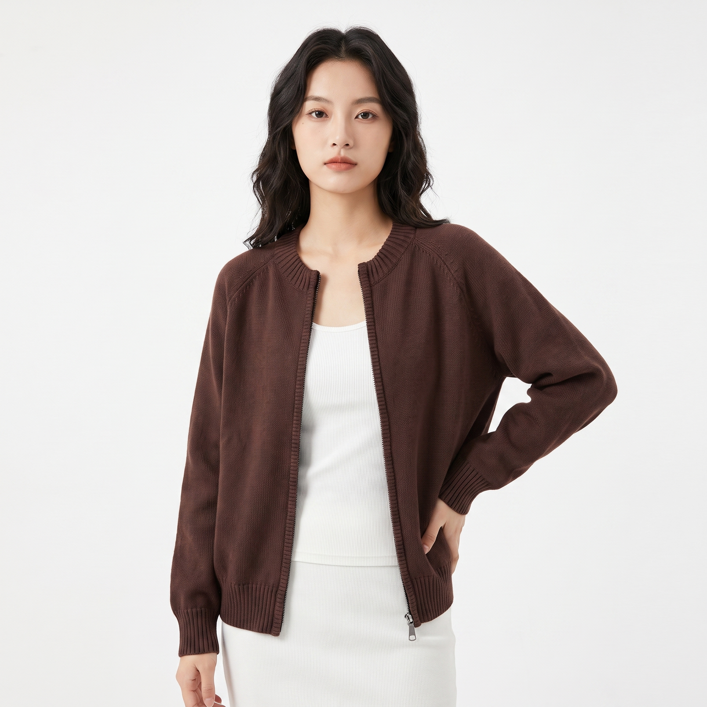 Women's Zip Up Knit Cardigan Crew Neck Relaxed Fit Long Sleeve Casual Sweater Jacket