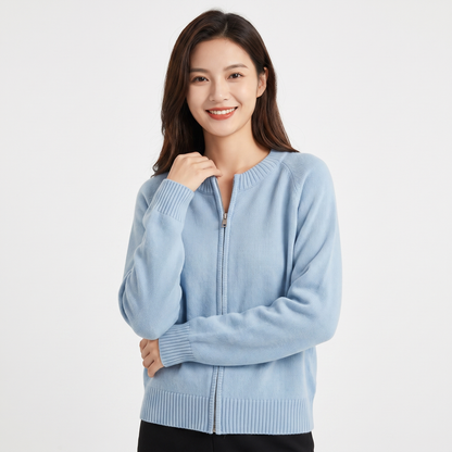 Women's Zip Up Knit Cardigan Crew Neck Relaxed Fit Long Sleeve Casual Sweater Jacket