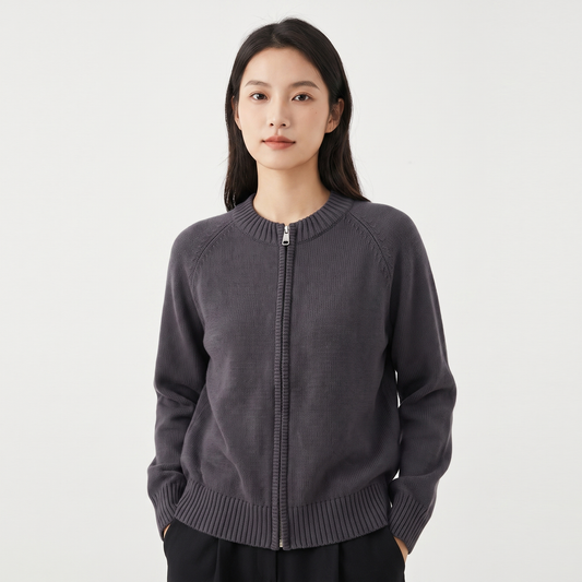 Women's Zip Up Knit Cardigan Crew Neck Relaxed Fit Long Sleeve Casual Sweater Jacket