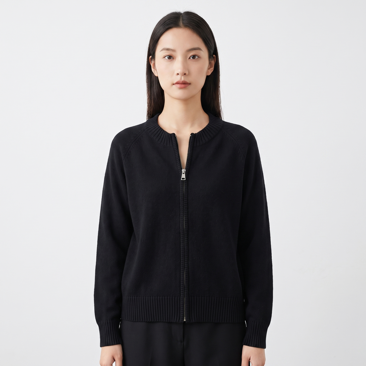 Women's Zip Up Knit Cardigan Crew Neck Relaxed Fit Long Sleeve Casual Sweater Jacket