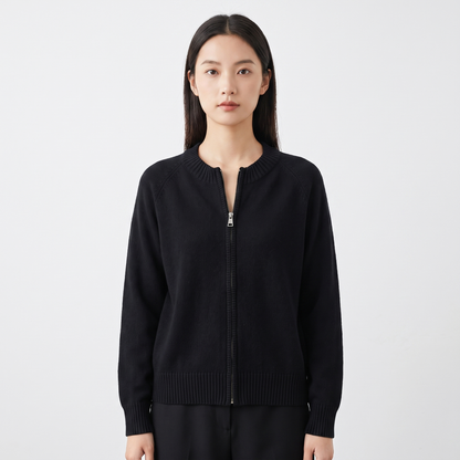 Women's Zip Up Knit Cardigan Crew Neck Relaxed Fit Long Sleeve Casual Sweater Jacket