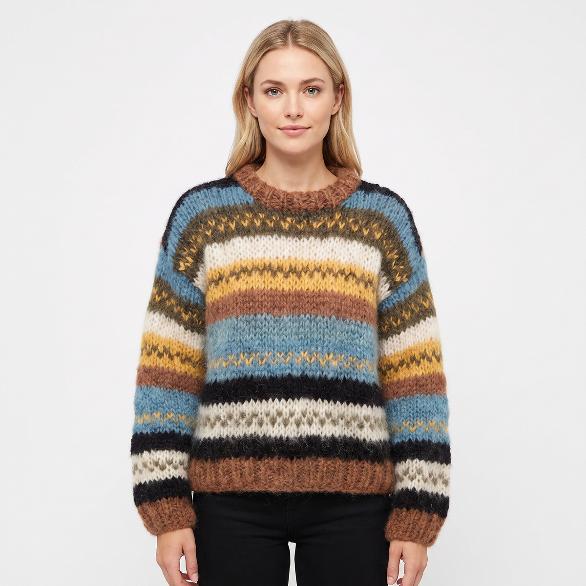 Women's Striped Knit Sweater Oversized Chunky Crew Neck Jumper