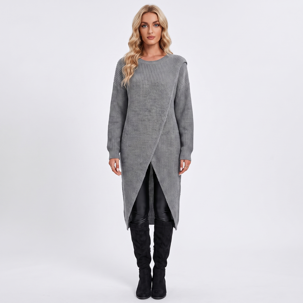 Women's Wrap Front Sweater Dress Long Sleeve Knit Maxi Tunic
