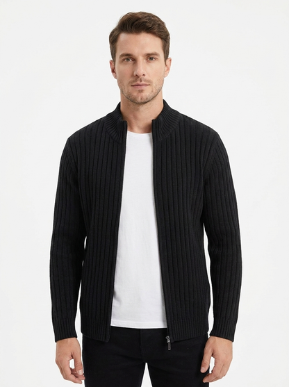 Men's Ribbed Knit Cardigan Full-Zip Stand Collar Sweater Jacket