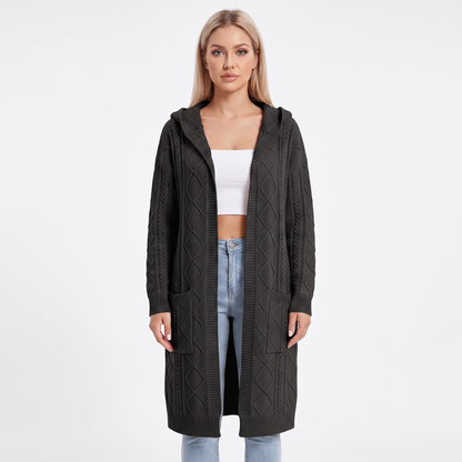 Women's Hooded Longline Cardigan Cable Knit Open Front Coat