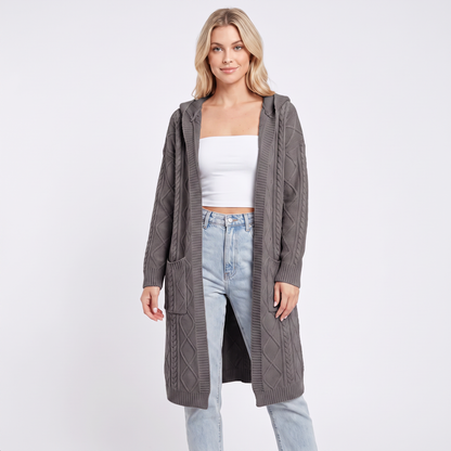Women's Hooded Longline Cardigan Cable Knit Open Front Coat
