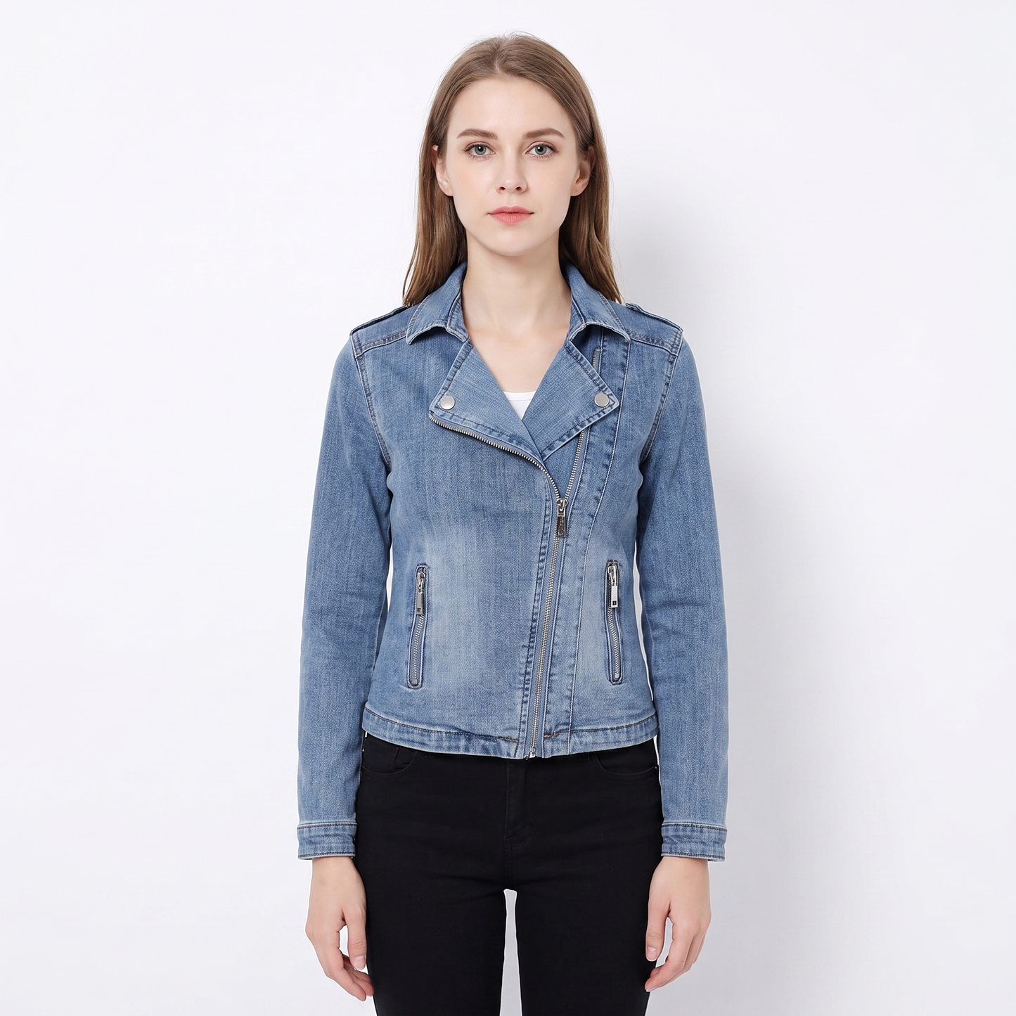 Women's Denim Moto Jacket Asymmetric Zip Cropped Biker Jacket