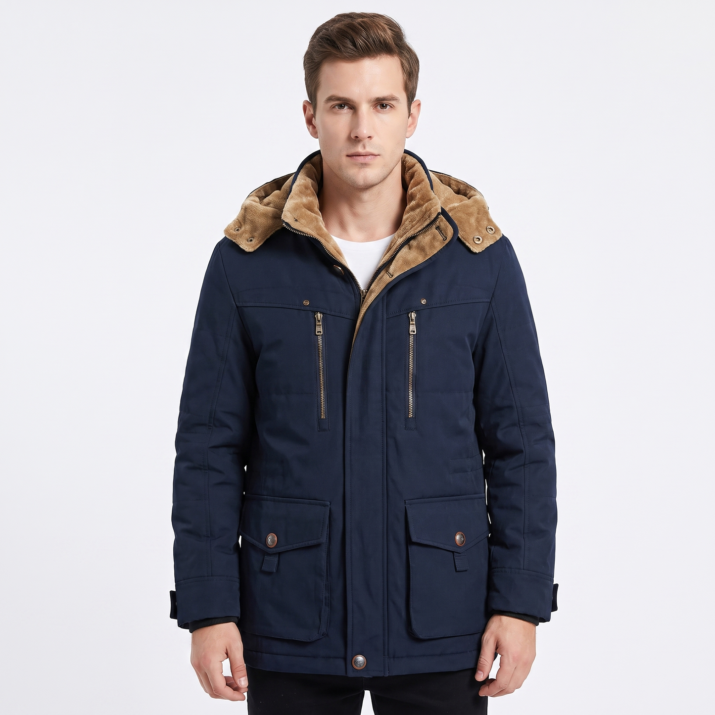 Men's Fleece Lined Parka Hooded Multi Pocket Winter Jacket
