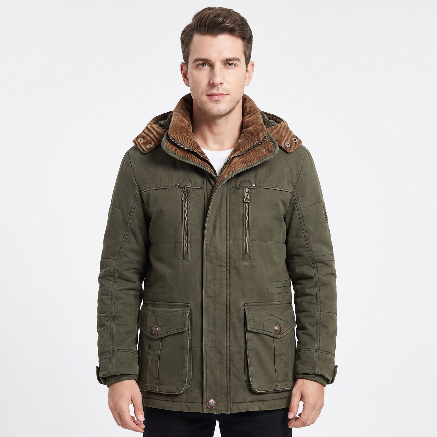 Men's Fleece Lined Parka Hooded Multi Pocket Winter Jacket