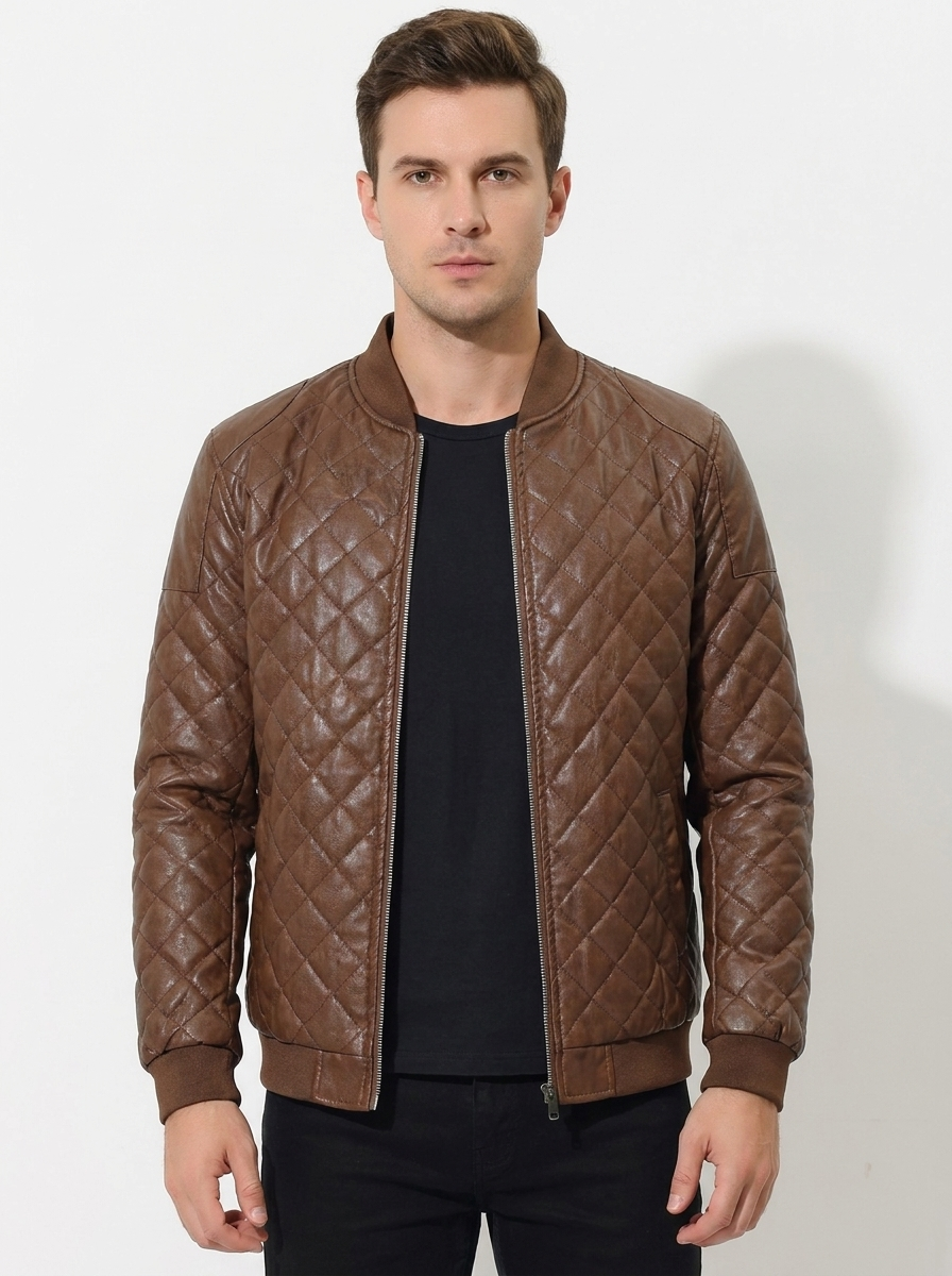 Men's Quilted Leather Jacket Fleece Lined Zip-Up Bomber