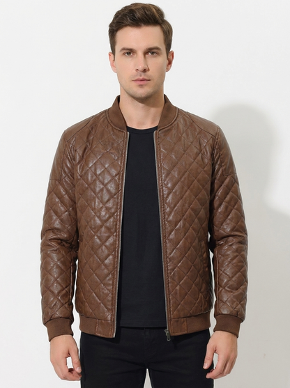 Men's Quilted Leather Jacket Fleece Lined Zip-Up Bomber