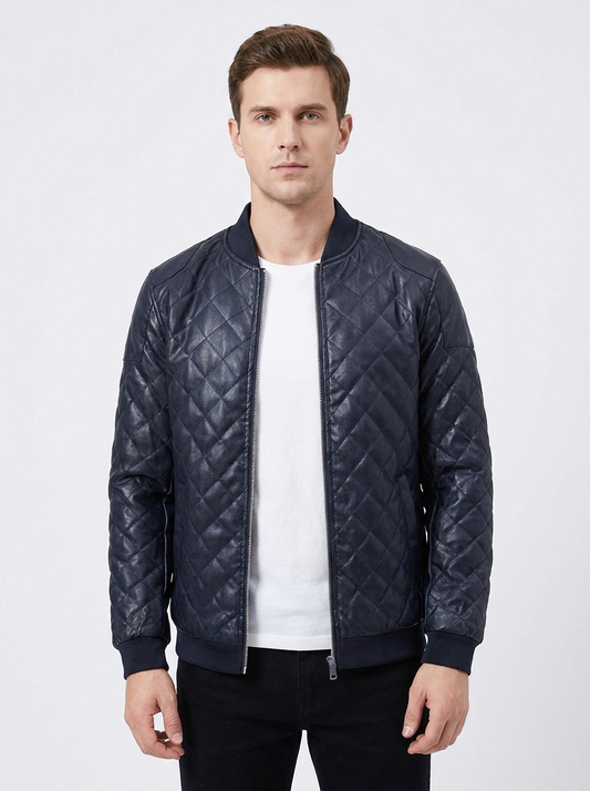 Men's Quilted Leather Jacket Fleece Lined Zip-Up Bomber