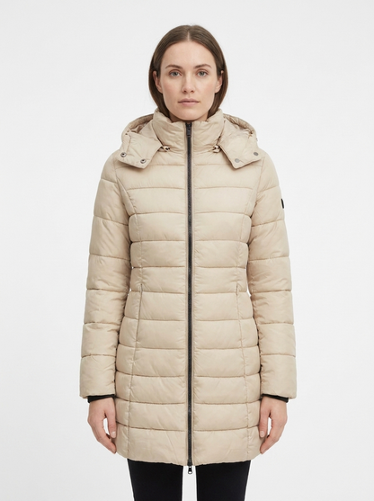 Women's Long Puffer Jacket Fitted Waist Hooded Down Coat