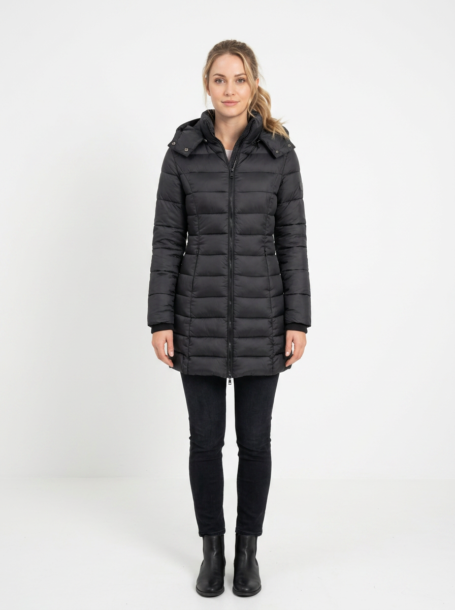 Women's Long Puffer Jacket Fitted Waist Hooded Down Coat