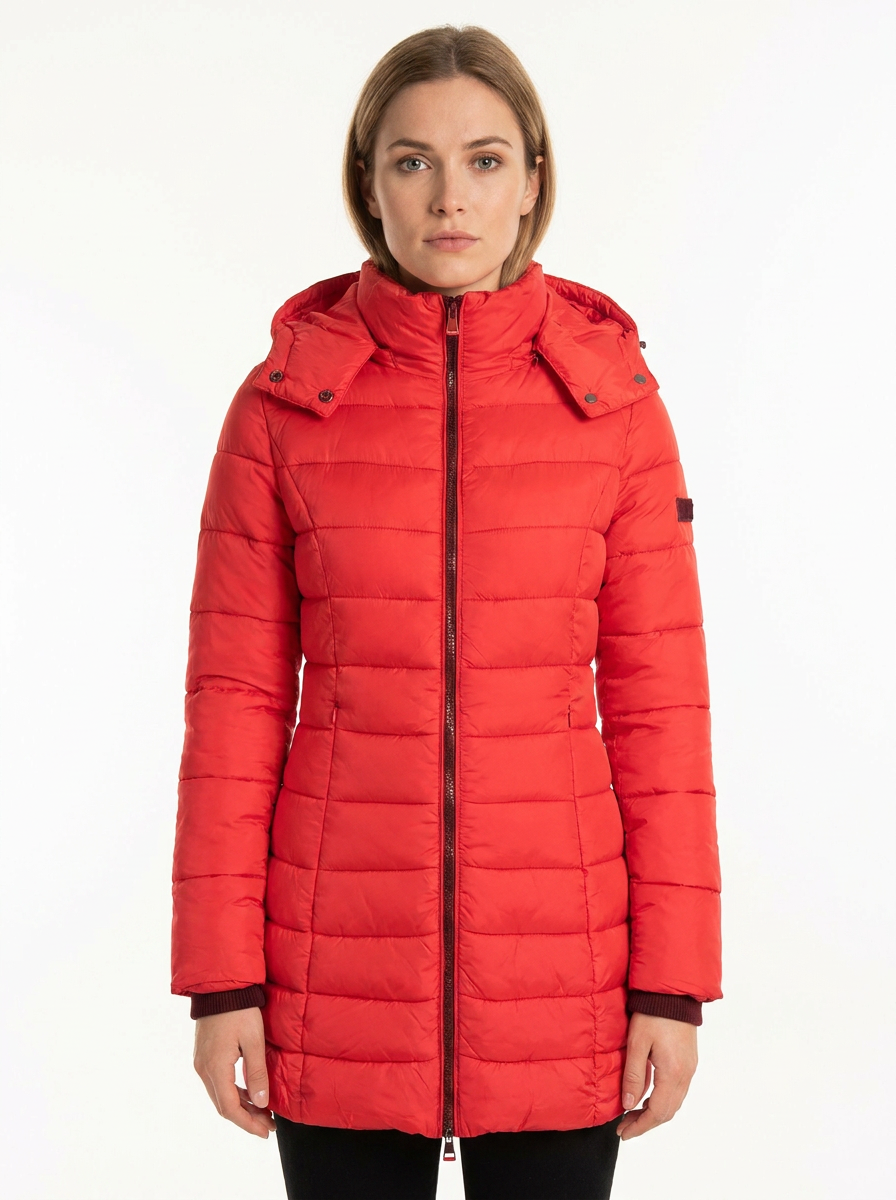Women's Long Puffer Jacket Fitted Waist Hooded Down Coat