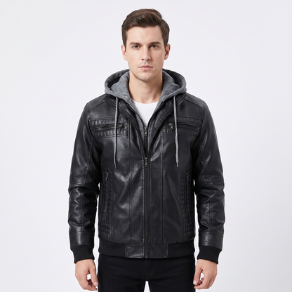 Men's Leather Jacket Removable Hood Zip-Up Moto Jacket