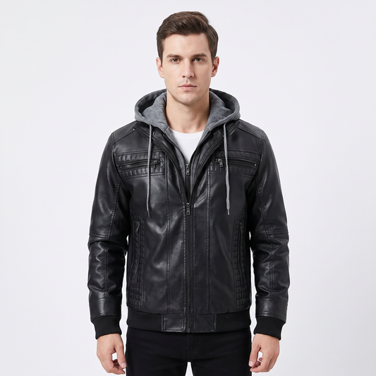 Men's Leather Jacket Removable Hood Zip-Up Moto Jacket