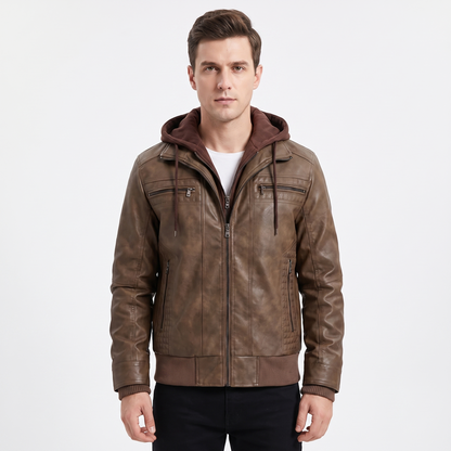 Men's Leather Jacket Removable Hood Zip-Up Moto Jacket