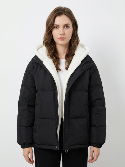 Women's Sherpa Lined Puffer Jacket Hooded Zip-Up Coat