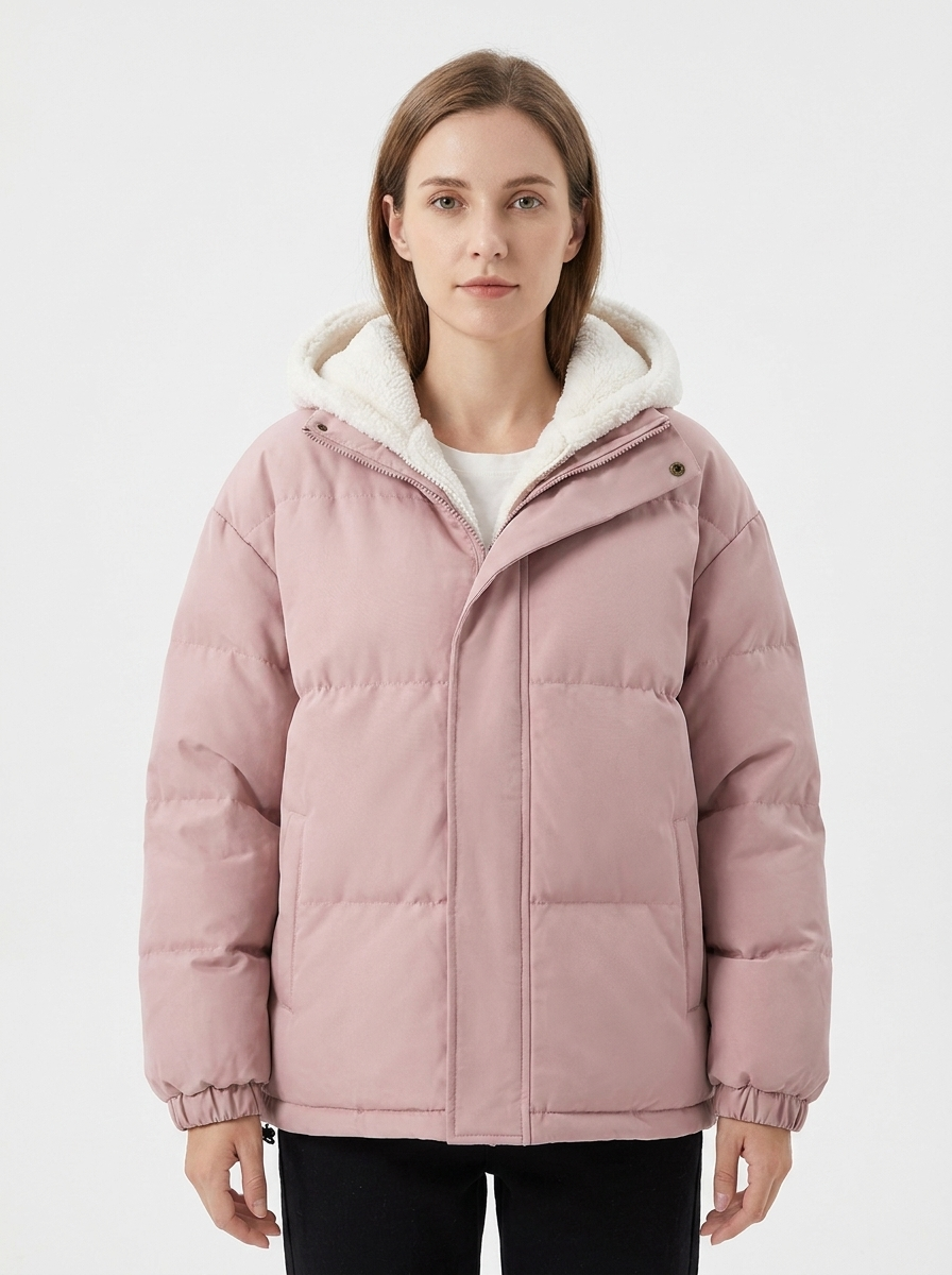 Women's Sherpa Lined Puffer Jacket Hooded Zip-Up Coat