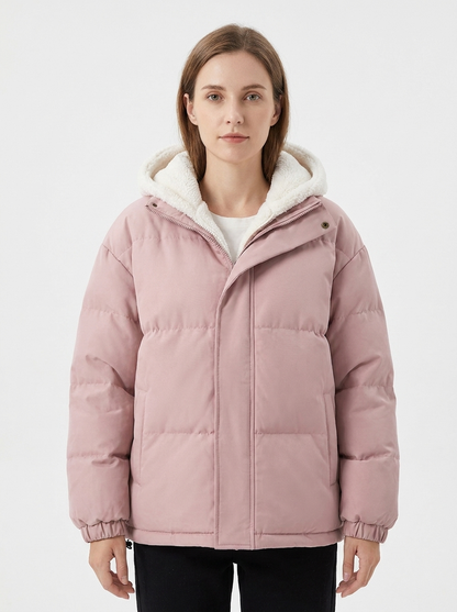 Women's Sherpa Lined Puffer Jacket Hooded Zip-Up Coat