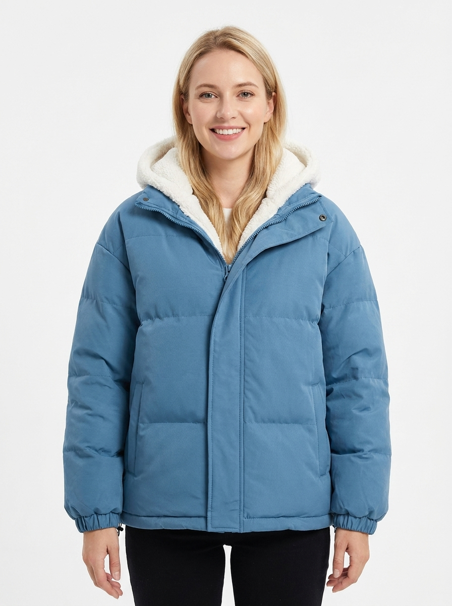 Women's Sherpa Lined Puffer Jacket Hooded Zip-Up Coat
