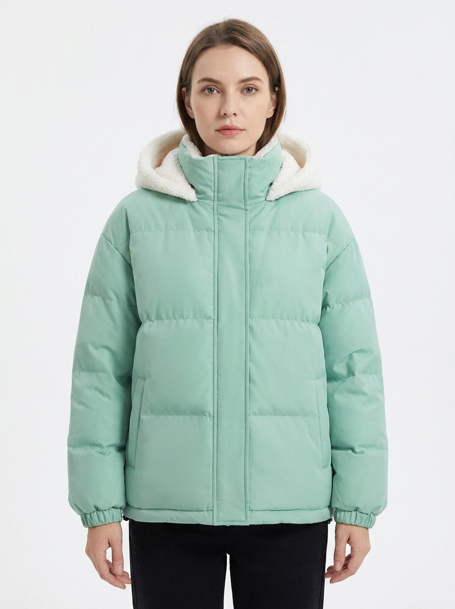 Women's Sherpa Lined Puffer Jacket Hooded Zip-Up Coat