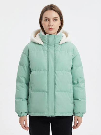 Women's Sherpa Lined Puffer Jacket Hooded Zip-Up Coat