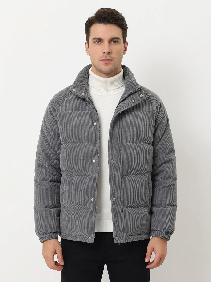 Men's Corduroy Puffer Jacket Stand Collar Padded Coat