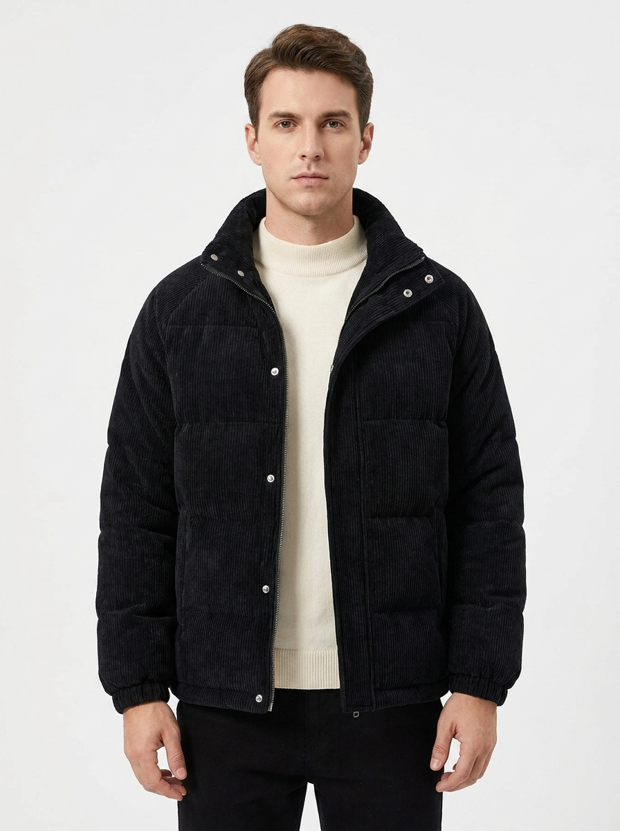 Men's Corduroy Puffer Jacket Stand Collar Padded Coat