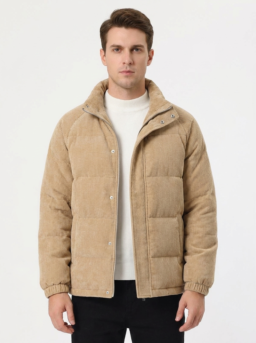 Men's Corduroy Puffer Jacket Stand Collar Padded Coat