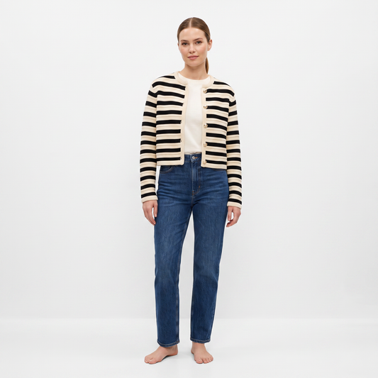Women's Striped Cardigan Button-Front Crew Neck Cropped Sweater