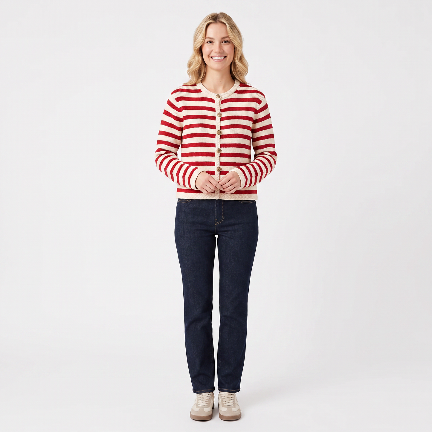 Women's Striped Cardigan Button-Front Crew Neck Cropped Sweater