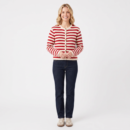 Women's Striped Cardigan Button-Front Crew Neck Cropped Sweater