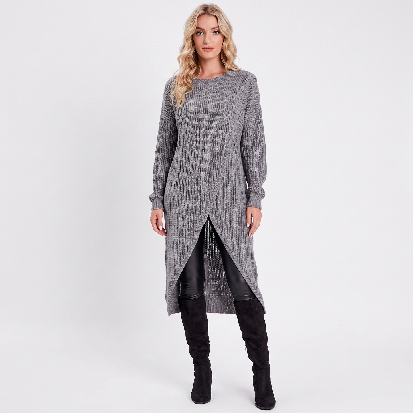Women's Wrap Front Sweater Dress Long Sleeve Knit Tunic