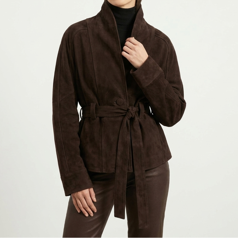 Women's Belted Suede Wrap Jacket Shawl Collar Hip-Length