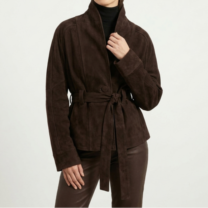 Women's Belted Suede Wrap Jacket Shawl Collar Hip-Length