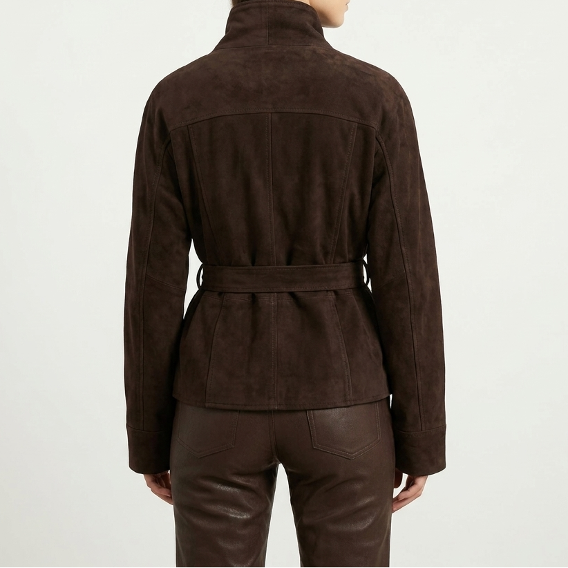 Women's Belted Suede Wrap Jacket Shawl Collar Hip-Length