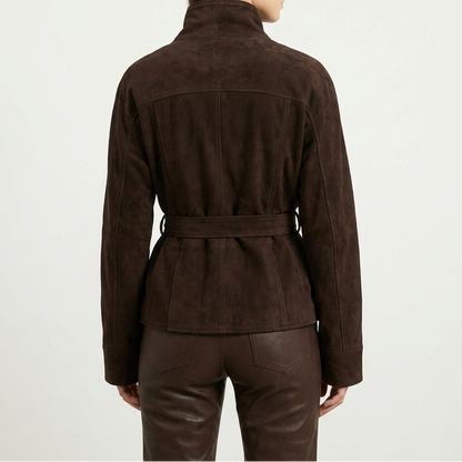 Women's Belted Suede Wrap Jacket Shawl Collar Hip-Length
