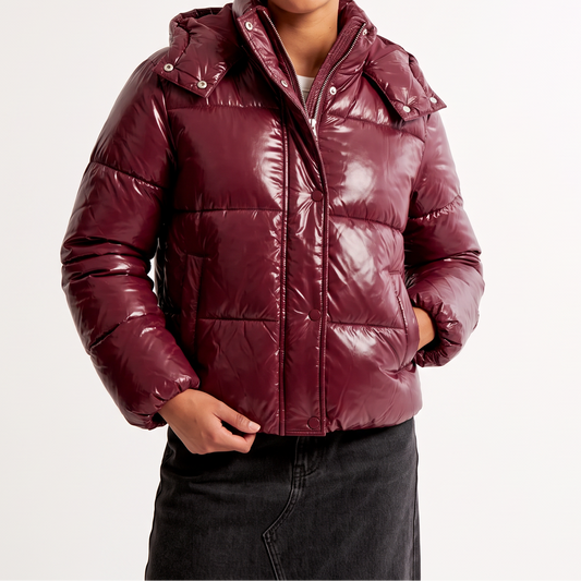 Women's Shiny Puffer Jacket – Quilted Hooded Zip Pockets